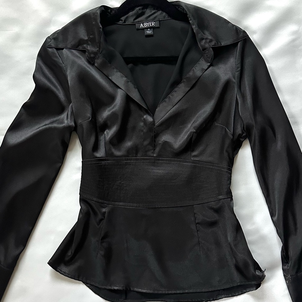 Chic Collared Satin V-Neck Top with Corset Style Waist Office Top Y2K-M, fits S